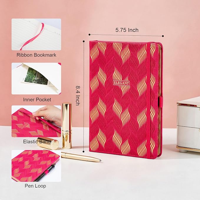 Comix Aesthetic Lined Journal for Women, 192 Pages, 100GSM Paper, Pretty Leather Journal Notebook for Writing, Cute A5 Hardcover Notebook for Work Home School, 5.5" x 8.3", Red, Leaf Motif