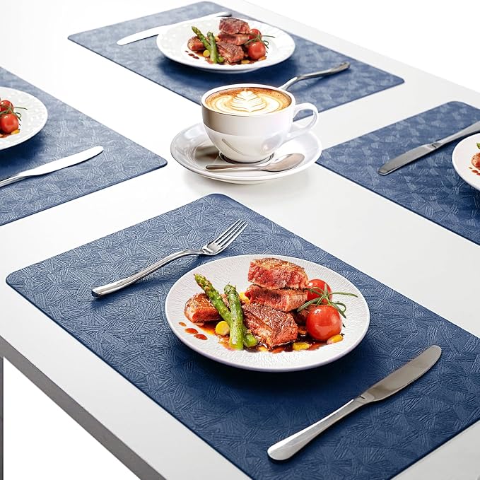 Blue Plastic Placemats Set of 4, Faux Leather Waterproof Table Mats | Blue Vinyl placemats,Wipeable and heat resistant table mats.Easy to clean,great for indoor and outdoor
