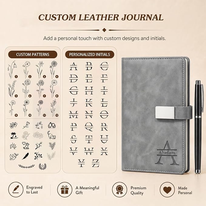 CRME Personalized Leather Journal with Pen and Gift Box,Custom Engraved Leather Notebook,A5 Lined Executive Journal for Men Women Work Business Travel,Grey