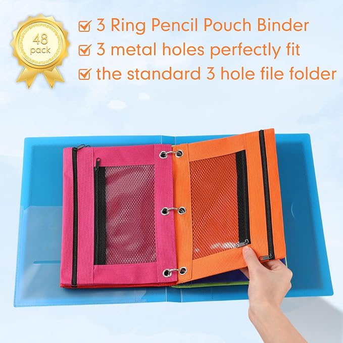 Leelosp 48 Pack Pencil Pouch for 3 Ring Binder Mesh Zipper Pencil Case Bags Binder Pouches Bulk for School Writing Utensils Storage Supplies (Bright Colors)