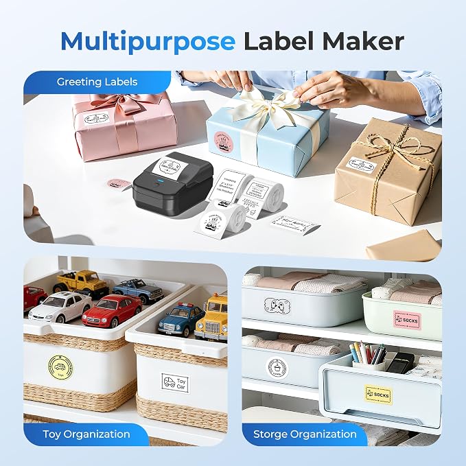 PM240 Label Maker Machine with 3 Tapes, Label Printer Black, Set 2 | 2'' Bluetooth Thermal Sticker Label Maker for Small Business, Home, School, Office Safety Label Maker with Multiple Templates