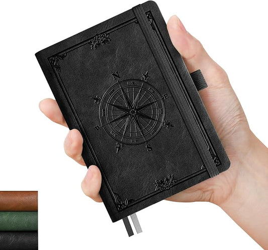 AHGXG Small Blank Pocket Notebook, 256 Numbered Pages, B6 (4.1'' X 5.7'') | Mini Journal, Vintage Soft Leather Hardcover, 80gsm Paper, for Men Women Work Office School (Black)