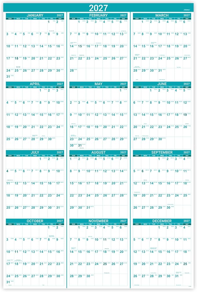 2027 Wall Calendar, 34.3" x 22.8"(open), Jan.2027 - Dec.2027 | Yearly Wall Calendar 2027, 2027 Calendar with Thick Paper, One Page for Organizing, Vertical, Round Stickers - Green