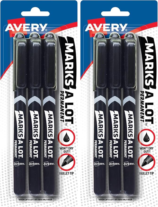 AVERY Marks-A-Lot Permanent Markers, Pen-Style Size, Bullet Tip, Water and Wear Resistant, 3 Black Markers (29837) (Pack of 2)