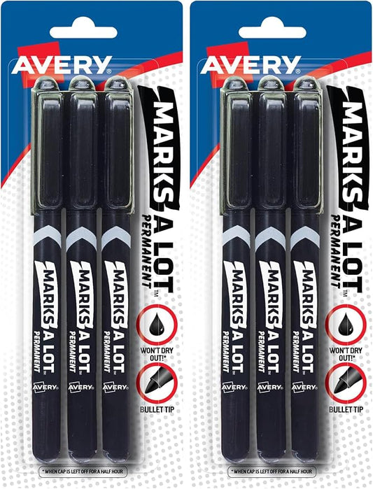 AVERY Marks-A-Lot Permanent Markers, Pen-Style Size, Bullet Tip, Water and Wear Resistant, 3 Black Markers (29837) (Pack of 2)