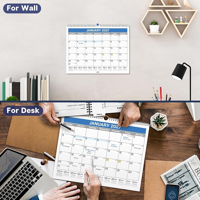Dunwell Wall Calendar 2026-2027, 15" x 12", Jul. 2026 to Dec. 2027, 18 Months Monthly Planner with Thick Paper, Twin-Wire Binding, Large Hanging Calendar for School, Office Organizing, Easy Read