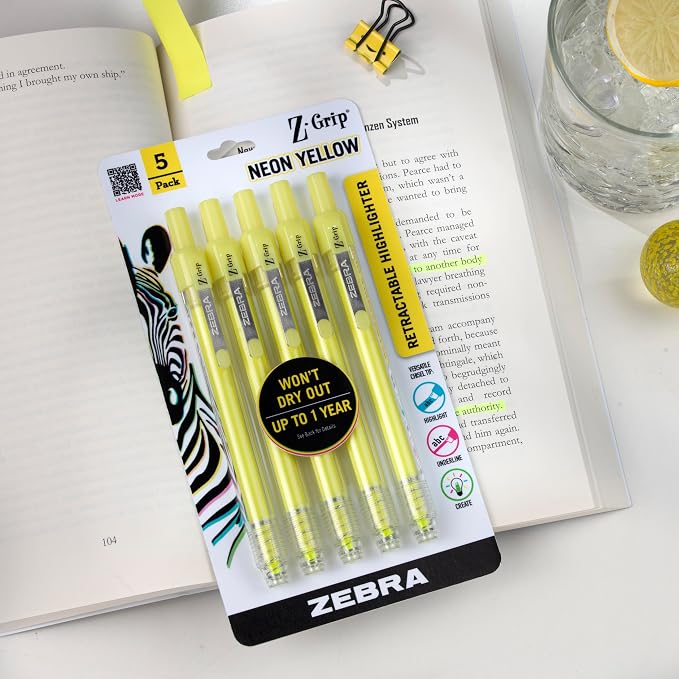 Zebra Pen Z-Grip Retractable Highlighter, Yellow, Chisel Tip, 5-Pack | Metal Clip, Ideal for School, Office and Teacher Supplies, Note-Taking, Studying, and Planners, Transparent Barrel (71255)