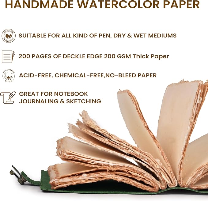 LEATHER VILLAGE Leather Bound Vintage Journal for Women & Men - Book of Shadows - Lock Closure - 200 Pages of Antique Deckle Edges Handmade Watercolor Paper - Green - 10X7 inches