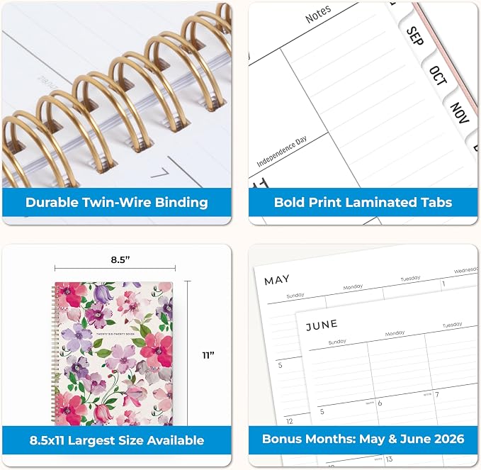 Blue Sky 2026-2027 Weekly & Monthly Academic Planner, 8.5"x11", Charlotte | July 2026 - June 2027, Large Print, Flexible Cover, Wirebound, Storage Pocket, Laminated Tabs, Academic Year