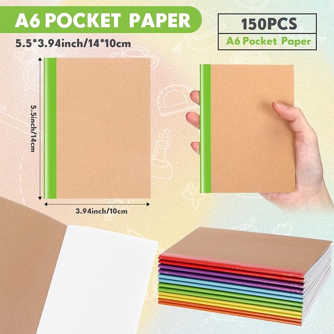150 Pack A6 Kraft Paper Notebooks Blank Page Mini Notebooks Bulk Sewn Travel Journal Kraft Pocket Memo Pad Unlined Subject Notepads for Travelers Students Classroom School Supplies(Multicolor)