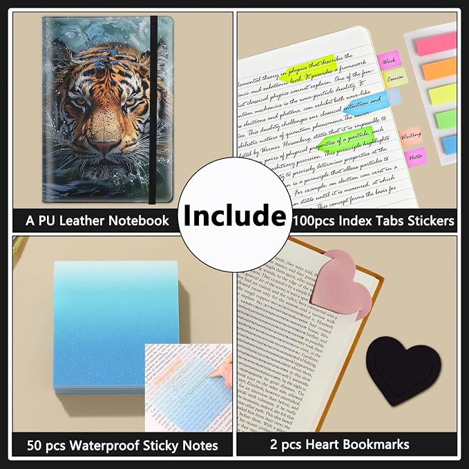 A5 Leather Lined Journal Notebook, 200 Pages Hardcover Executive Notebook for Men Women Office School Note Taking, Thick Writing Paper Daily Journal with Bookmarks/Indexes, Tiger