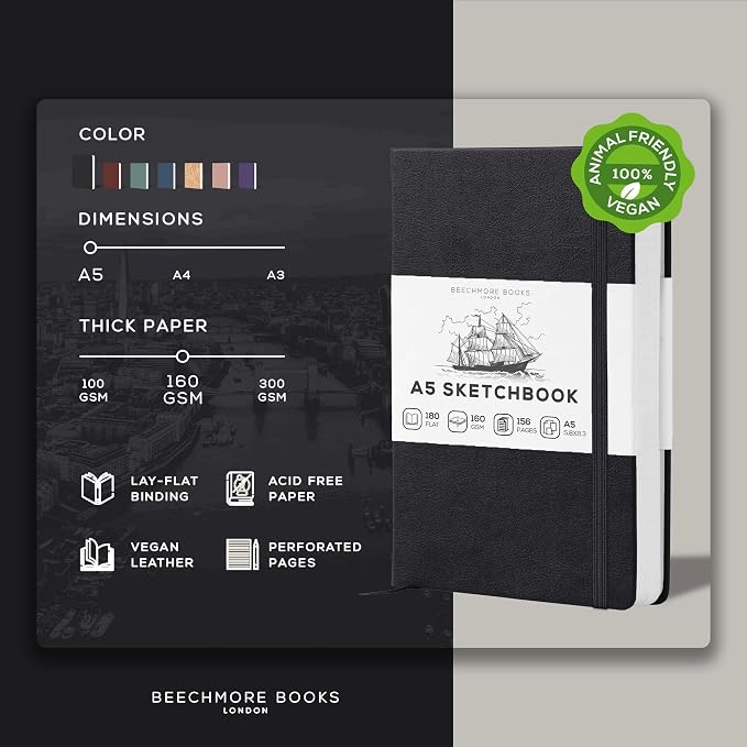 Beechmore Books A5 Mixed Media Sketchbook - 5.8"x8.3" Hardcover Lay-Flat Art Journal, 160 GSM / 98 lb Professional Perforated Paper, Gift Box, for Drawing, Ink and Light Watercolor
