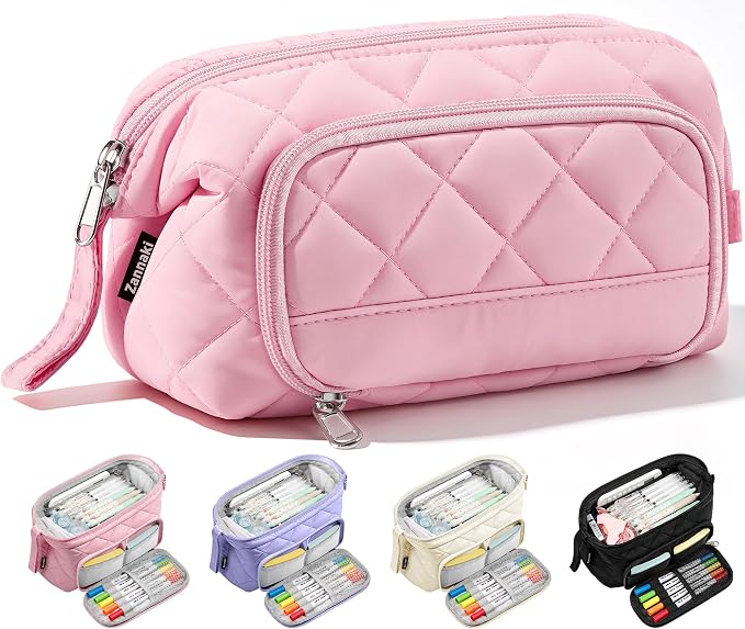 Zannaki Soft Quilted Large Pencil Pouch Organizer with Wide Opening for Boys Girls Teens - Extra Big Capacity Pen Pencil Bag with Zipper, Portable Pencil Case Box for School, College, Cosmetic Gift