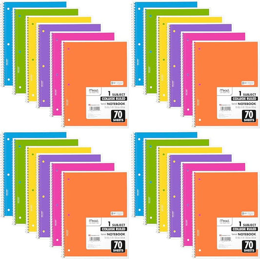 Mead Spiral Notebook, 24 Pack, 1 Subject, College Ruled Paper, 7-1/2" x 10-1/2", 70 Sheets per Notebook, Assorted Bright Colors (830050-ECM)