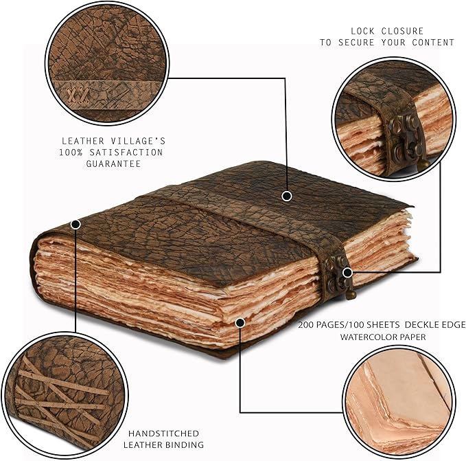LEATHER VILLAGE Leather Bound Vintage Journal for Women & Men - Book of Shadows - Lock Closure - 200 Pages of Antique Deckle Edges Handmade Watercolor Paper - Distressed Brown - 13X8 inches