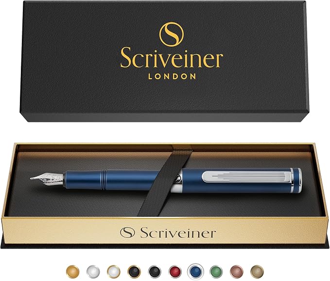 Scriveiner Luxury EDC Fountain Pen (Fine), Stunning Matt Blue Pocket Pen, Chrome Finish, Schmidt German Nib, Converter, Best Writing Pen Gift Set for Men & Women, Nice Fancy Office Designer Pen