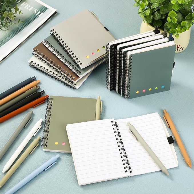 Chuangdi 20 Sets Lined Spiral Notebooks with Sticky Notes and Bamboo Pens, Back-to-school Gifts for Office Teachers Staff, Boho Notebook with Pen Bulk Gift (Neutral)