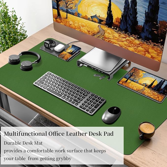 Green Leather Desk Mat, Dual-Side Use Desk Matt for Desktop, Waterproof Computer Mats for Office/Study/Home