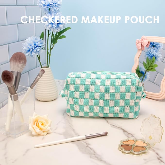 Checkered Makeup Bag for Purse, Small Cosmetic Pouch,Arctic Blue,2 Pack | Cute Zipper Makeup Organizer for Women, Travel Essentials, Toiletries, Makeup Brushes, Beauty Accessories&Bridesmaid Gifts