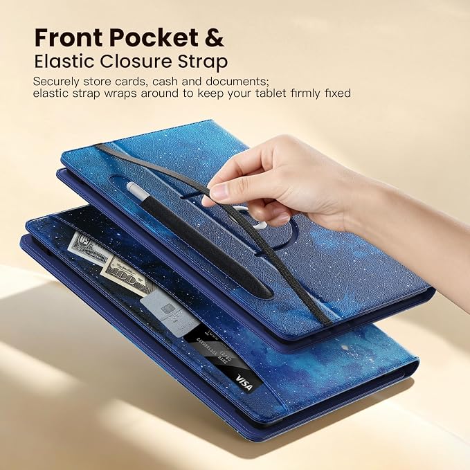 MoKo for Universal 11 inch Android Tablet Case with Pen Holder, Blue Starry | Fits All 9.6-11 inch Tablets, Slim 360 Degree Rotating Cover, Multi-Angle Stand, Front Pocket, No fit iPad/NO back opening