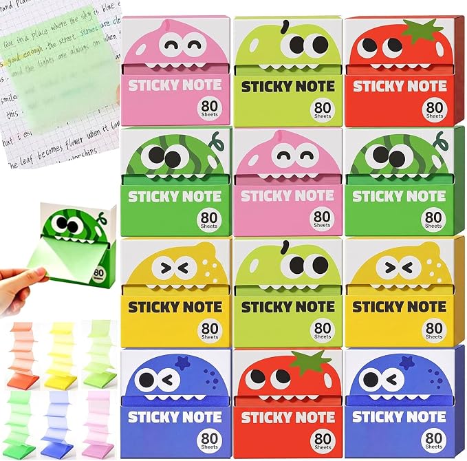 Cute Fruit Monster Pop Up Sticky Notes, Transparent Pull Out Sticky Notes, Translucent Sticky Notes Index Tabs Fun Clear Note, 80 Sheets Per Box, for Office, School，12 Boxes