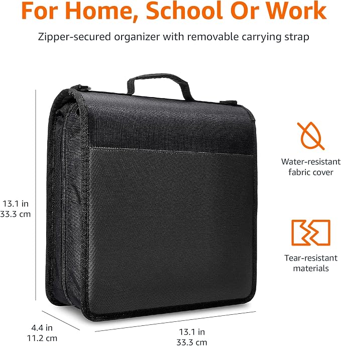 Amazon Basics Durable 3 Ring Binder with Zipper and Strap, Multiple Pockets, Sturdy Storage for School and Office, 3 inch, Black