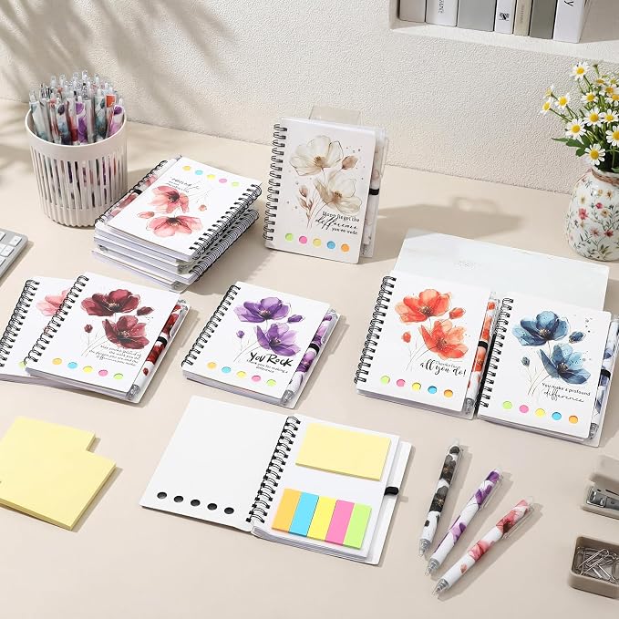 Honoson 30 Set Back to School Teacher Appreciation Gifts Bulk Inspirational Notebook with Sticky Note and Bamboo Pen Set Coworker Thank You Gifts for Employee Team Staff Office Group (Floral)