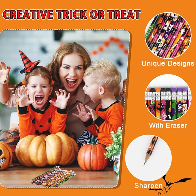 DIYASY Halloween Pencils for Kids, 12 Design 48 Pack Pencils Bulk with Erasers Assorted Colorful Fall Pencil Set for Halloween Goodies Gift Prize Party Favor Supplies