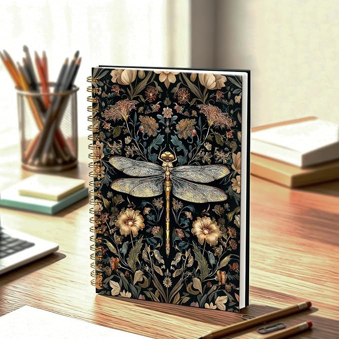 Moody Dark Floral Dragonfly Journal Notebook 5.5x8.3, William Morris Inspired Insect Journal, Dragonfly Gifts for Women, Art Nouveau Botanical Notebooks for Work