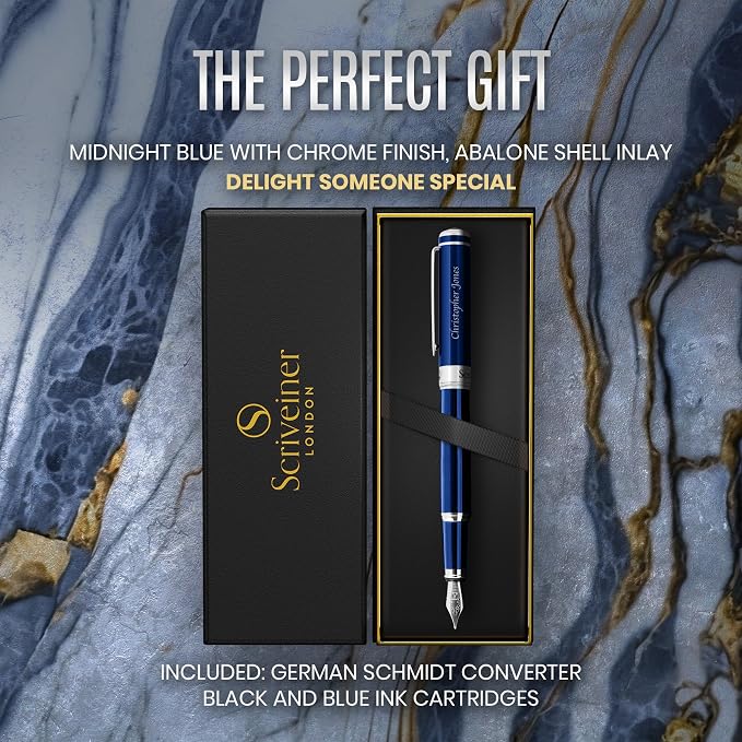 Scriveiner Personalized Midnight Blue Fountain Pen - Stunning Blue Lacquer Luxury Pen, Chrome Finish, German Schmidt Nib (Medium), Best Engraved Pen Gift Set for Men & Women, Name Engraving