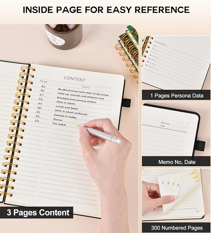 PERCUN Spiral Notebook 300 Numbered Lined Pages Hardcover Journal 5.9"x8.5" | College Ruled Spiral Bound Notebook with Tabs, A5 Leather Journal for Women Men, Work, School, Travel, Writing & Note Taking