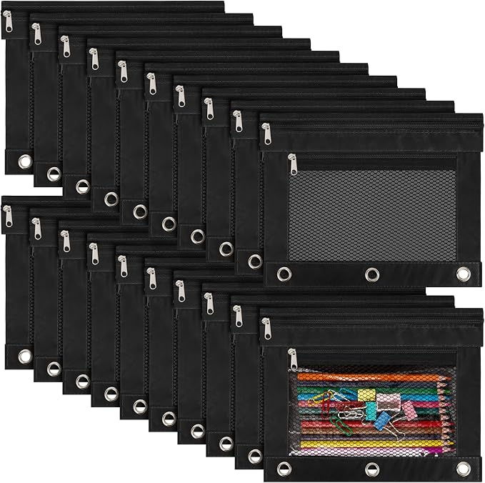 IKAYAS 20 Pack Black Pencil Pouch bulk 3 Ring Binder Pouch with Zipper, Pouch Bags for Classroom bulk Pencil Box Case for Storing School Students Teacher Supplies
