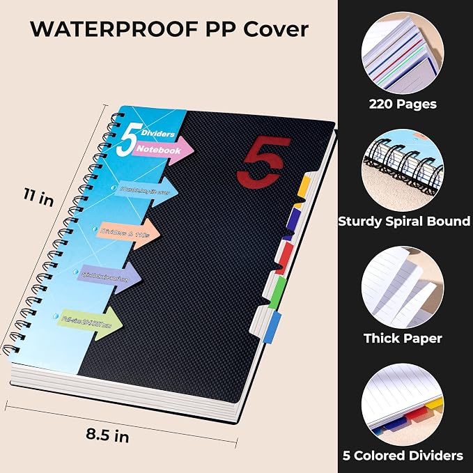 CAGIE 5 Subject Notebook 8.5 x 11, A4 Spiral Notebooks with Dividers Tabs | College Ruled 240 Pages Spiral Notebook for Note Taking, School, Work, Black