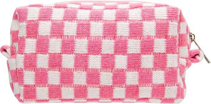 PAZIMIIK Checkered Makeup Bag for Purse, Small Travel Cosmetic Pouch,Pink | Cute Zipper Makeup Organizer for Women, Travel Essentials, Toiletries, Makeup Brushes, Beauty Accessories&Bridesmaid Gifts