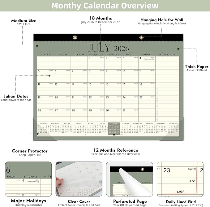 Tcamp Desk Calendar 2026-2027, 18-Month Desktop Calendar from July 2026 to December 2027, Large 17" x 12" Monthly Desktop & Wall Calendar for Home Office