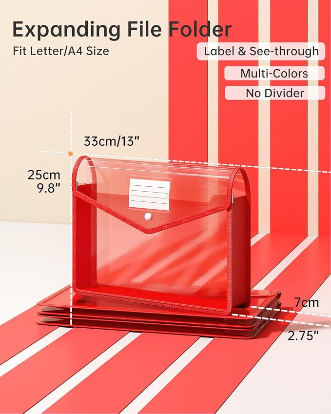 2 Pack Plastic Expanding File Folder, Transparent envelopes with Snap Closure, Fit Letter/A4 Size for School/Office/Home/Hospital, No Dividers, Large Capacity（Red）