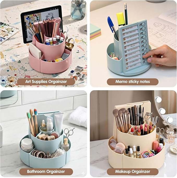 360 Rotating Pencil Holder with To Do List for Kids, Desk Organizer Checklist Routine Chart with Slider, Pen Organizer with 7 Slots Desk Organizers and Accessories for Office School Home