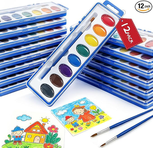 12 Pack Watercolor Paint Set Bulk, Washable, Non-Toxic Watercolors with Brushes for Kids & Adults – Watercolor Paints for Classrooms, Parties, and Art Activities, Watercolors for Kids