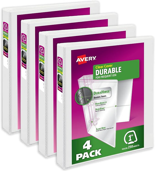 Avery Durable View 3 Ring Binders for Home, School Supplies, Office, or Organization Needs, 1" Slant Ring, 4 Pack White Binders (17575)