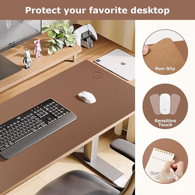 Wireless Charging Mouse Pad Firelison 2 in 1 Leather Multifunctional Office Desk Pad with Non-Slip Rubber Base, Waterproof Desk pad for Computers/Office/Work/Home/Decor（ 32" x 16"Buff - R）