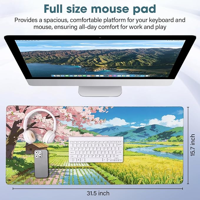 Desk Mat 31.5x15.7 Inch for Office - Extra Large Mouse Pad Protects Desk from Scratches and Spills, Non Slip with Stitched Edges, Lake