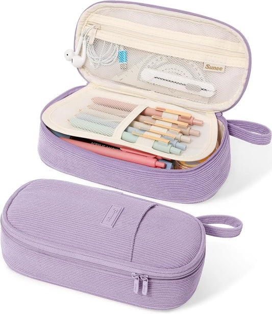 SUNEE Cute Pencil Case, Large Pencil Pouch, Soft Corduroy Fabric Big Pencil Bag with Zipper, Kawaii Pen Bag Stationery Storage and Organizer, School Supplies for Teen, Student, Boys,Girls, Soft Purple