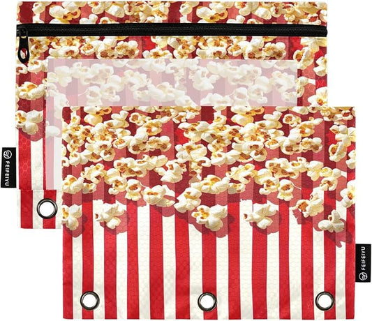 Popcorn Stripes Pencil Pouch Fits standard 3-ring binders, Zipper Binder Pencil Bag with Clear Window for Office 2 Pack