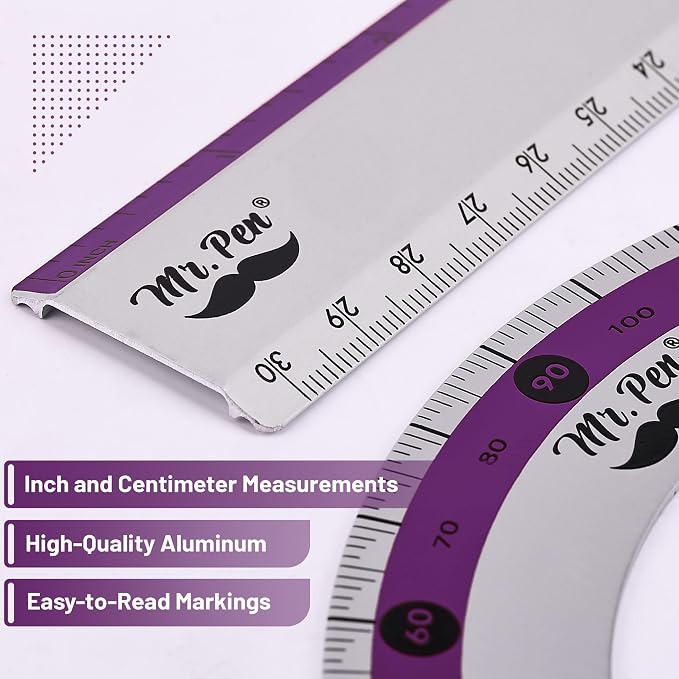 Mr. Pen- Metal Geometry Kit, 4 Pack, 45° & 30°/60° Set Squares | 6" Protractor & 12" Ruler, Durable Metal Drafting Tools for Technical Drawing, Math, Engineering & Architecture