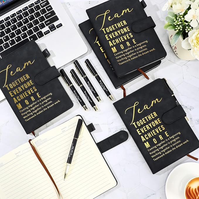 Kosiz 20 Pcs/10 Sets Employee Appreciation Gift Bulk A5 Leather Notebook Inspirational Journal Pen Thank You Gift for Men Women Coworker Teacher Office Back to School(Black,Team)