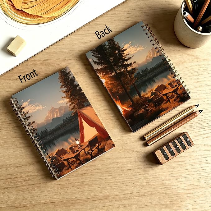 Mountain Forest Camping Journal Notebook 5.5x8.3, Camping Lover Gifts Journal for Women Men, Camper Gifts, Cozy Sunset Lake Landscape Notebooks for Work