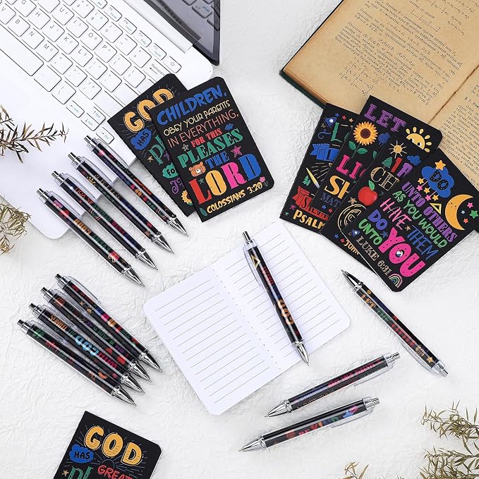 Colarr 12 Sets Christian Bulk Gifts for Women Bible Verse Pens Notebooks Religious VBS Scripture Ballpoint Pens Bookmarks Journal for Easter Sunday School Church Inspirational Supply(Retro)