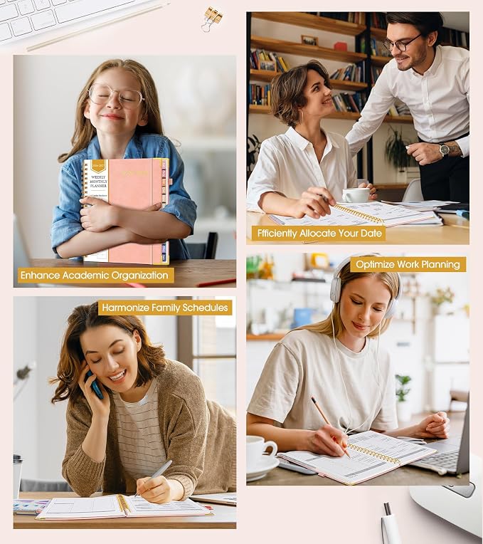 Academic Planner 2026-2027, Hardcover Leather Weekly and Monthly Calendar Planner from July 2026 - June 2027, A4 8.5" x 11" Daily Agenda with Tabs, College School Organizer for Student Teacher, Pink