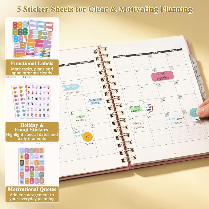 JoyCat Academic Planner 2026-2027, A5 Weekly & Monthly, Pink | July 2026-June 2027 A5 planner combines weekly and monthly layouts, tabs, grid notes and sticker sheets.