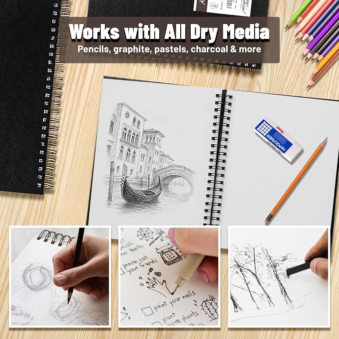 KAKKUE 9" x 12" Hardcover Sketch Book, 160gsm/80 Sheets Thick Sketch Paper Pad for Drawing & Illustration, Spiral Bound Mixed Media Art Sketchbook, Acid-Free Perforated for Artists, Beginners & Kids